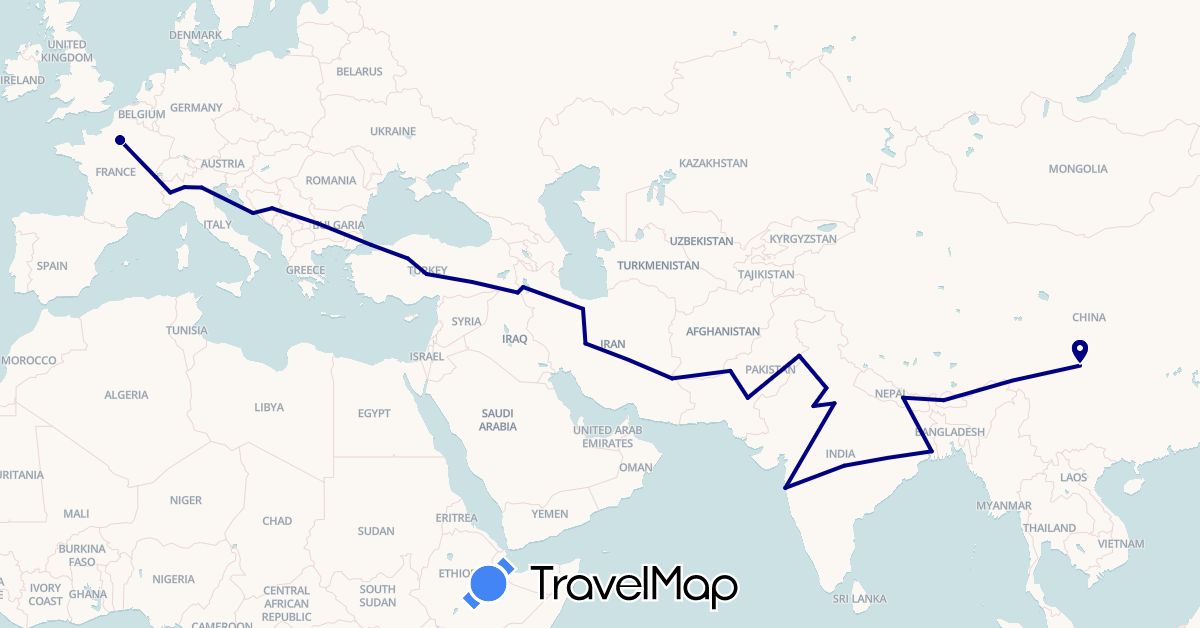 TravelMap itinerary: driving in Bosnia and Herzegovina, Bulgaria, Bhutan, Switzerland, China, France, Croatia, India, Iran, Italy, Nepal, Pakistan, Turkey (Asia, Europe)